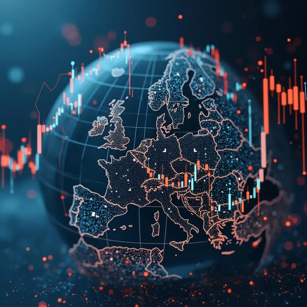 Globe with financial data overlay focusing on Europe